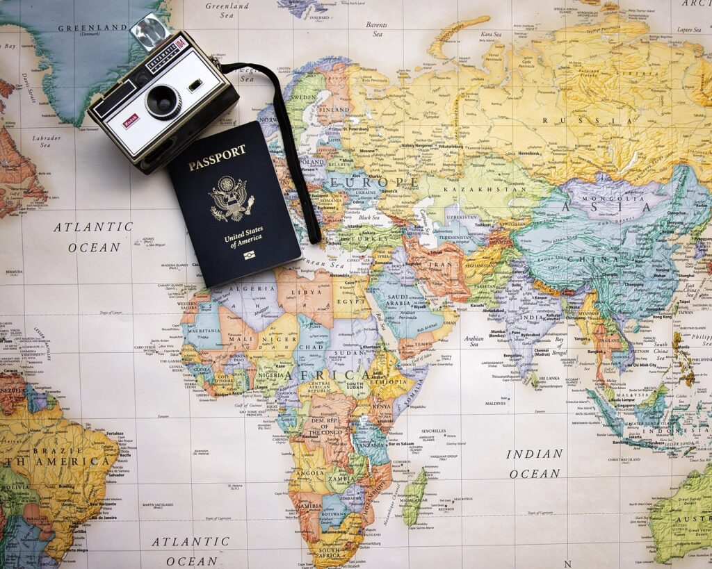 passport, map, world map, world, trip, how to get to Bosnia flight Sarajevo airport arrival 2026 tourism, vacation, travel, planning, camera
