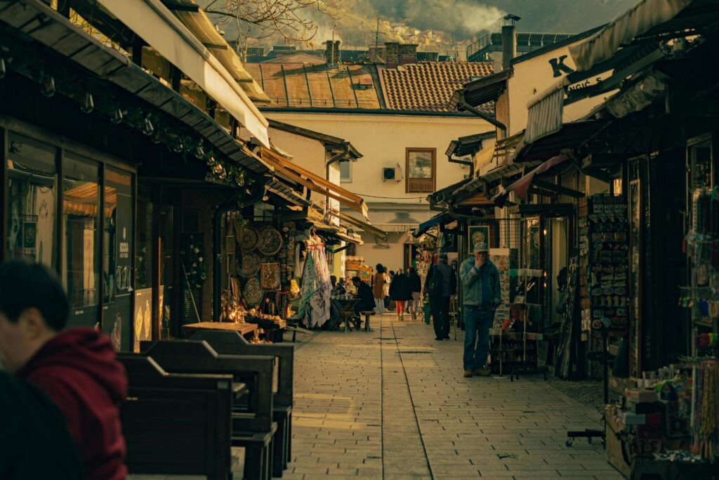 pexels-photo-20813420-20813420 Explore the lively market stalls of Baščaršija in Sarajevo, a cultural and historic hotspot.