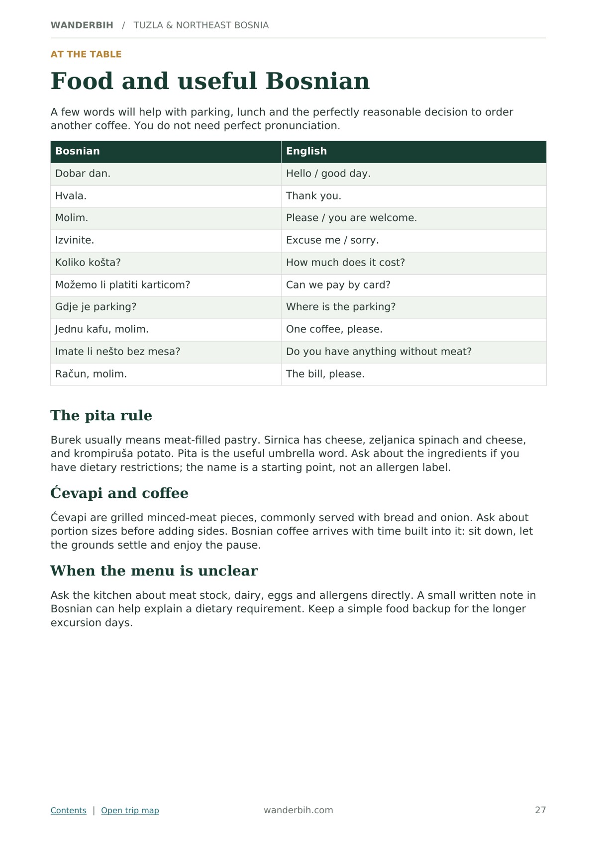 Useful Bosnian phrases page from WanderBiH Tuzla Road Trip Pack